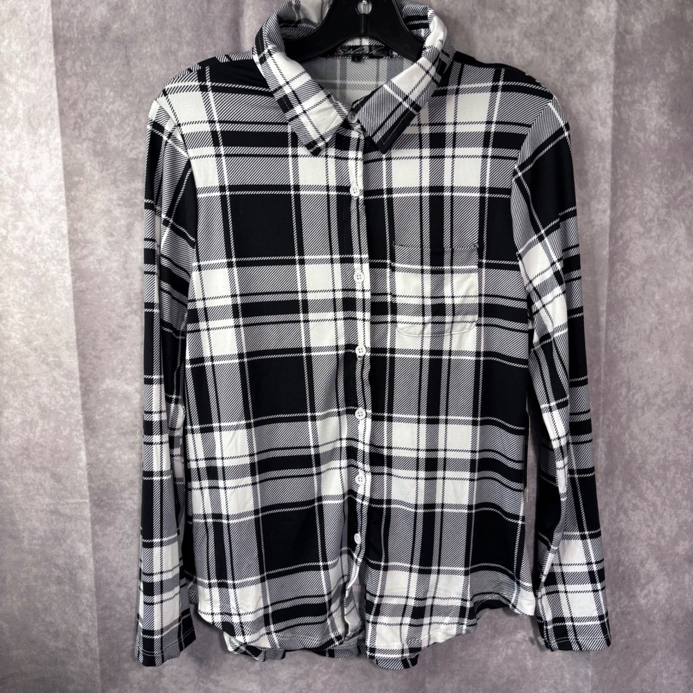 NWT Splash Women's L Black White Plaid Long Sleeve Button Shirt Top Flowy Light